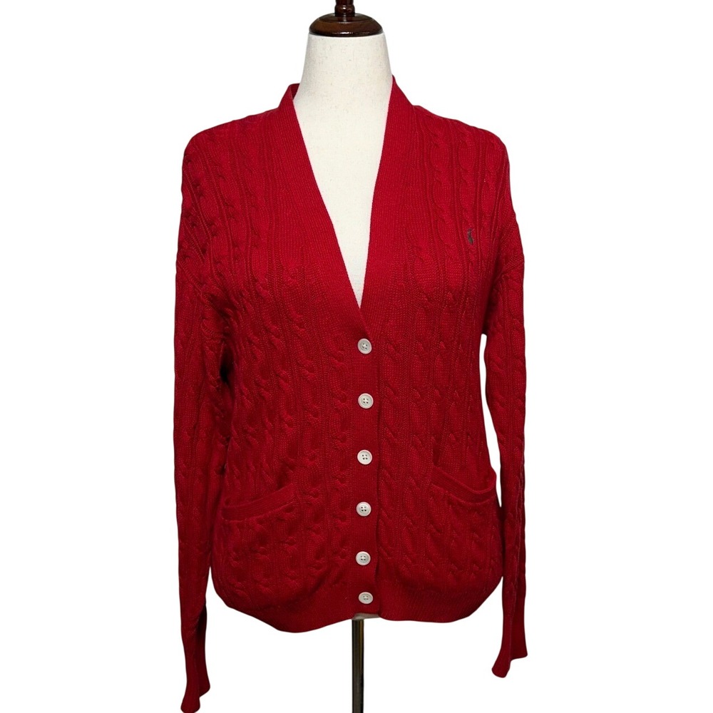 Ralph Lauren Cardigan Women Medium Oversized Fits XL Red Cable Knit Sweater - Picture 1 of 10